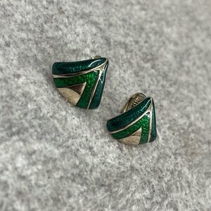 Vintage Avon Triangle Clip On Earrings Green & Gold-tone Fashion Jewelry
